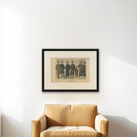 Original Antique Fashion Print, Published November, 1881, shown framed on a wall