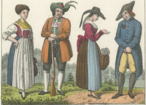 Costume of Upper Bavaria, the Bavarian Palatinate and Munich, Lithograph, 1842, close-up 1
