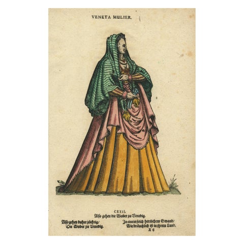 Venetian Woman, Rare Antique Costume Woodcut by Jost Amman, 16th Century
