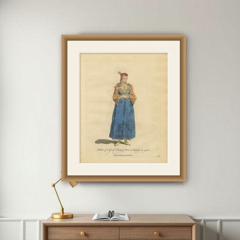Greek Lady of Pera, Ottoman Costume Print, Hand-Colored Engraving, 1749, shown framed on a wall
