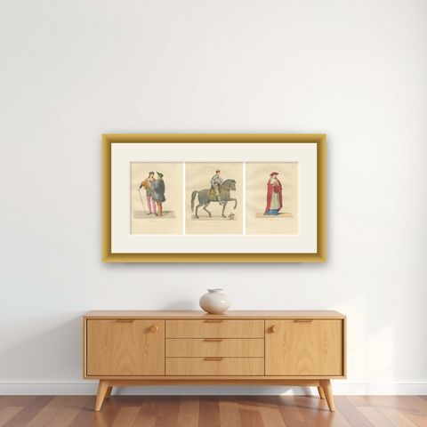 Renaissance Italian Figures: Pages, Cavalier, and Cardinal in Costume, 1845, shown framed on a wall