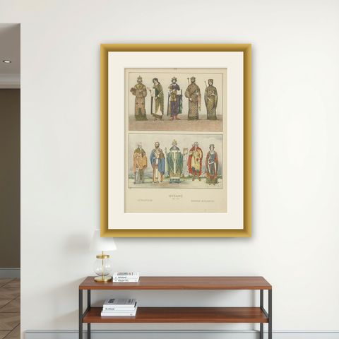 Byzantine Imperial Costume Plate 800–1100, Hand-Colored Print c.1880, shown framed on a wall