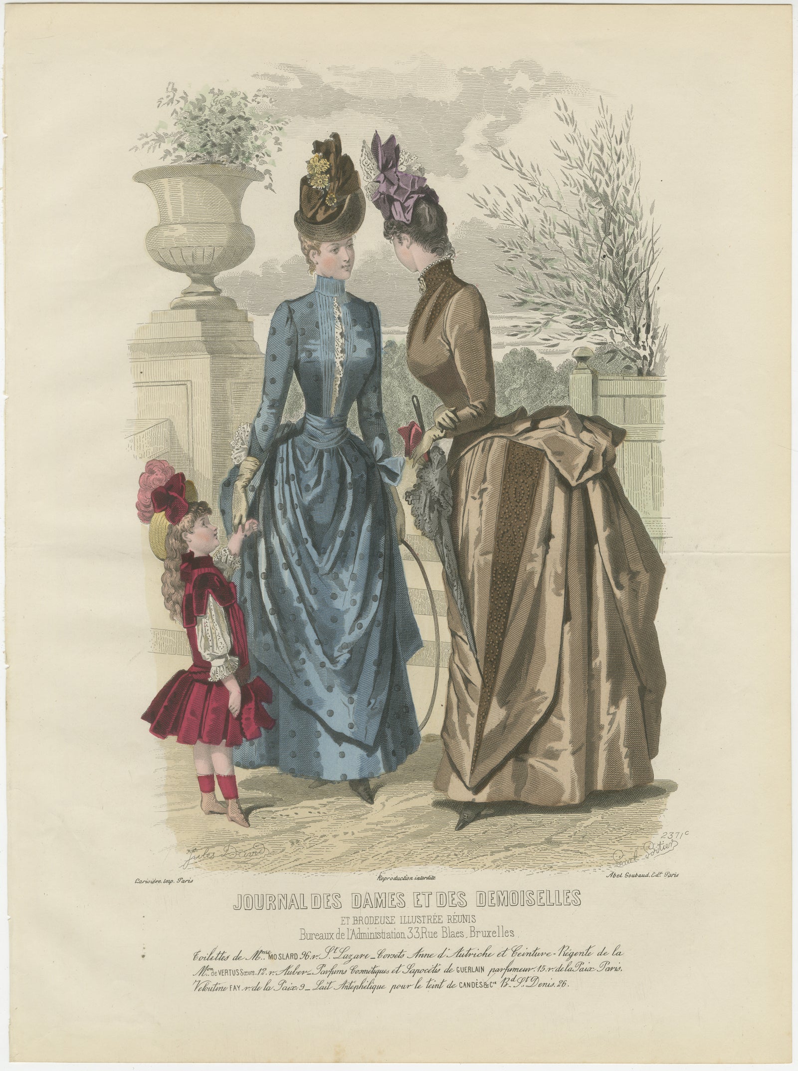 Antique French Fashion Plate, Ladies and Child in Park Scene, c.1880
