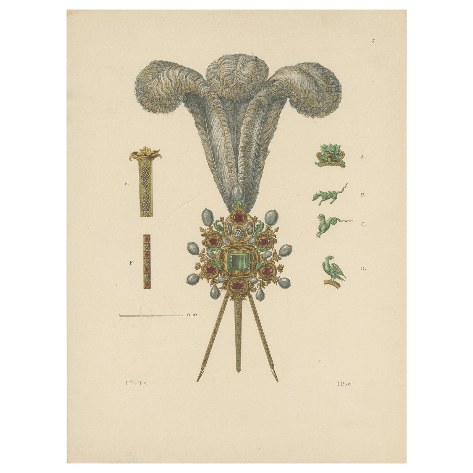 Antique Print of Hat Jewelry with Feathers by Hefner-Alteneck '1890'