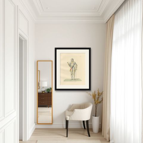 Joan of Arc in Armor, Antique Hand-Colored Costume Lithograph, c.1845, shown framed in a room