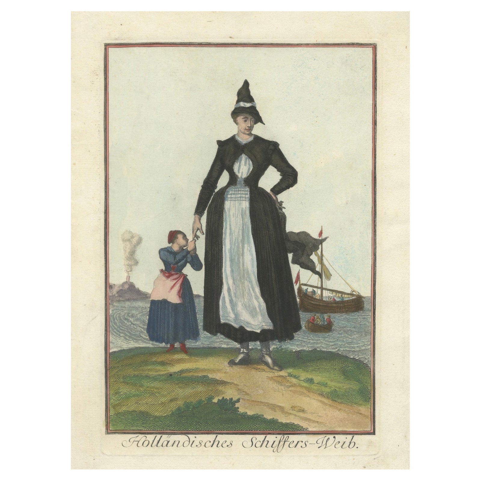 Copperplate Engraving of a Dutch Seaman’s Wife in Traditional Costume, 1703