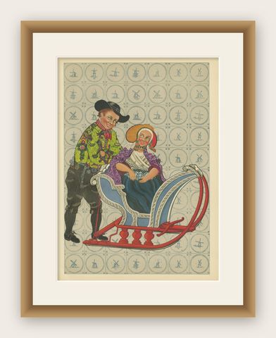 Schouwen & Duiveland Winter Sleigh Ride, Dutch Peasant Costumes, c.1800, shown framed