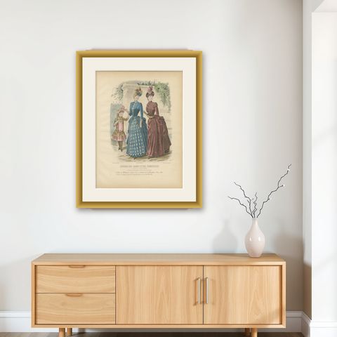 Antique French Fashion Plate, Elegant Ladies with Child, Garden Scene, c.1880, shown framed on a wall