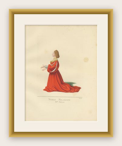 Antique Print of a Milanese Noblewoman 15th Century, by Bonnard, 1860, shown framed