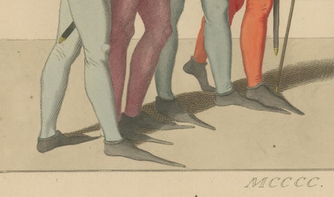 Medieval Messengers & Courtiers, Elegant Hand-Colored Antique Print, France 1845, close-up 6