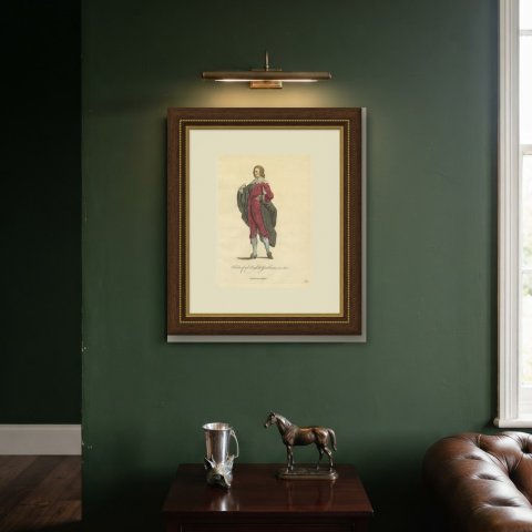 English Gentleman in 1640, Crimson Suit and Black Cloak, Jefferys Print, 1757, shown framed on a wall