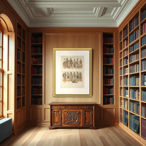 Inca Empire Costumes, Antique Lithograph of Inca Clothing, Max Tilke c.1880, shown framed in a room