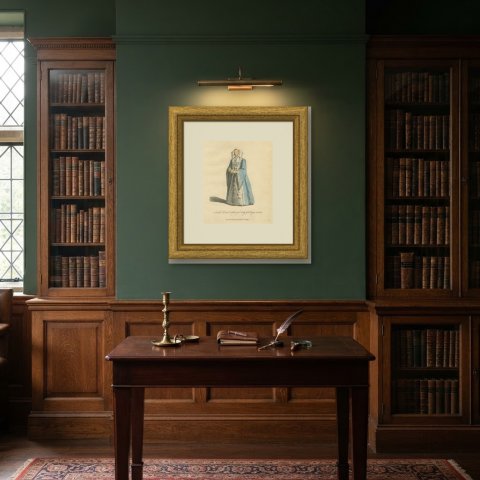 Second Bridal Dress of a Lady of Cologne in Blue Gown and Veil, 1588, 1757, shown framed in a room