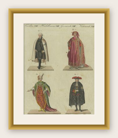 18th-Century Aristocratic and Ceremonial Attire: Handcolored Engraving of 1805, shown framed