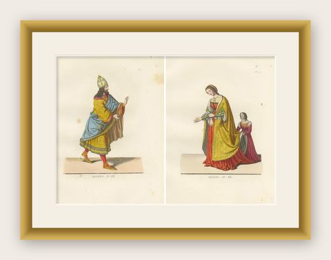 15th Century Costumes, Antique Print of Noble Figures, Published 1845, shown framed