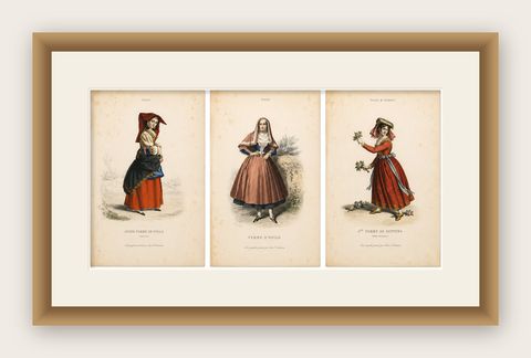 Set of Three Antique Italian Women Folk Costume Engravings, circa 1850, shown framed