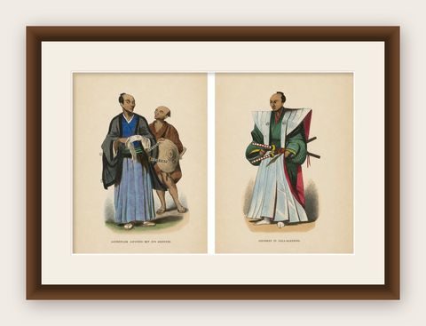 Japanese Nobleman & Samurai Court Dress Costume Lithographs, 1852, shown framed