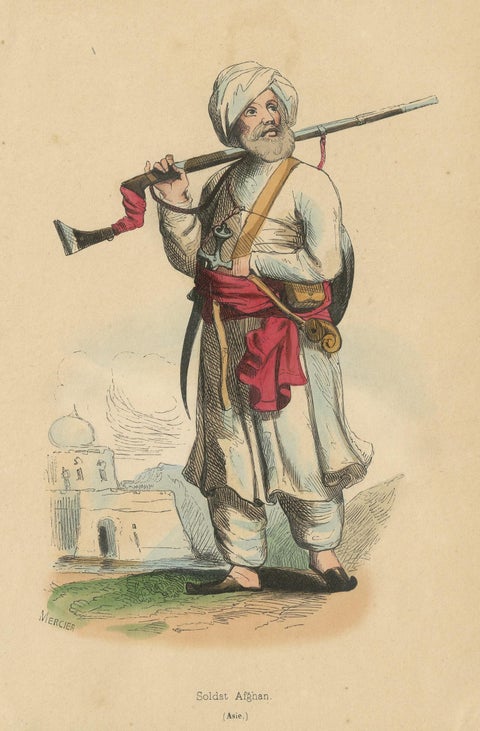 Antique Costume Print of an Afghan Soldier by Wahlen, '1843', view 3