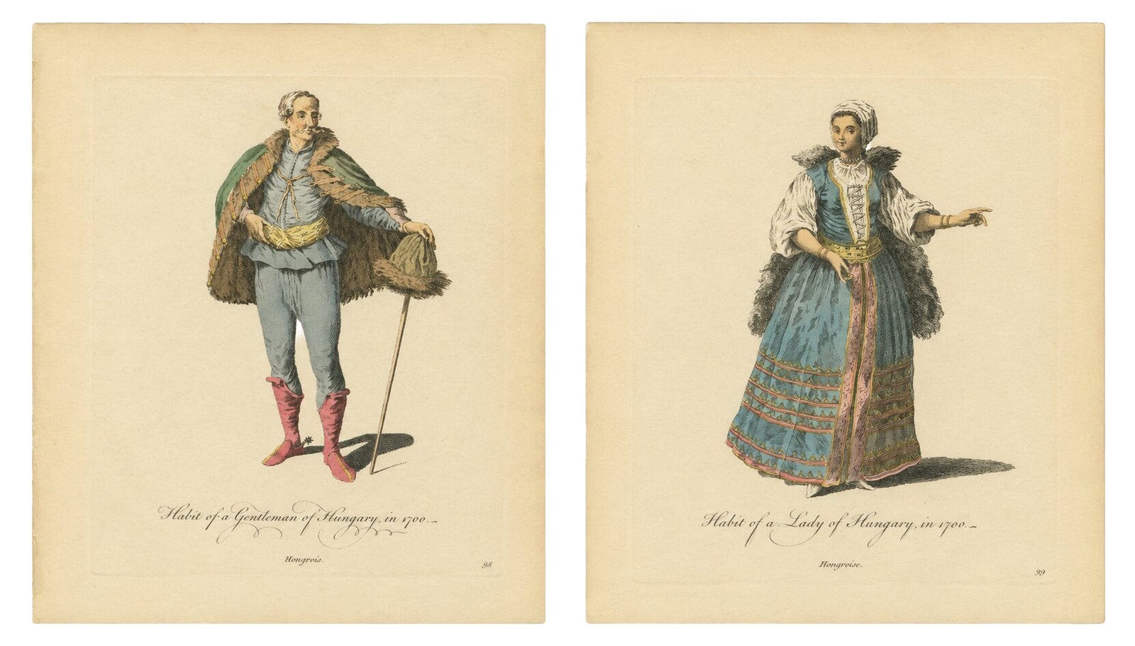 Hungarian Gentleman & Lady Costume Engravings, Hand-Colored Pair, 1749