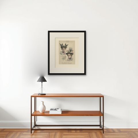 Pl. 20 Antique Fashion Print of Ladies with Hats 'c.1895', shown framed on a wall