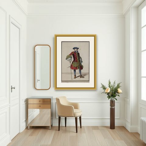 Copper Engraving Depicting the High Quality of the Fashion Under Louis XIV, 1684, shown framed in a room