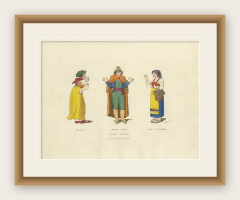 Costume Print: Italian Gestures with Traditional Dress, 1820s Engraving, shown framed