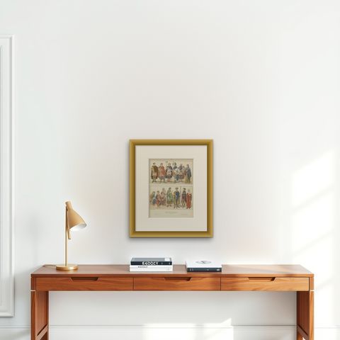 Antique German Costume Print 500–1000, Hand-Colored Historical Plate, ca.1880, shown framed on a wall