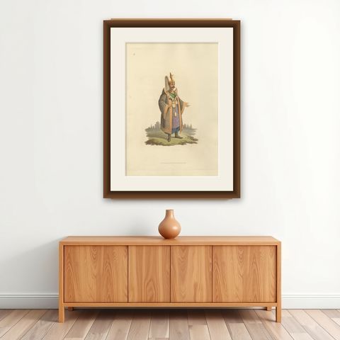 Antique Print of Colonel of Janizaries, the Military Costume of Turkey, 1818, shown framed on a wall