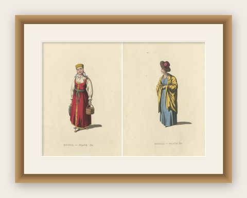Traditional Attire of Valday: Vestiges of Russian Heritage, Published in 1814, shown framed