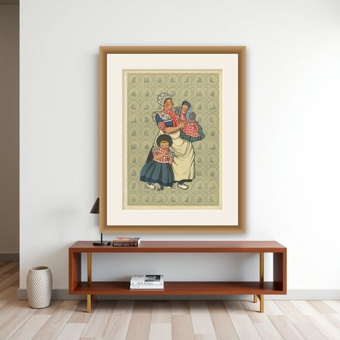 Spakenburg Women’s Working Dress with Children, Dutch Costume Print 1932, shown framed on a wall