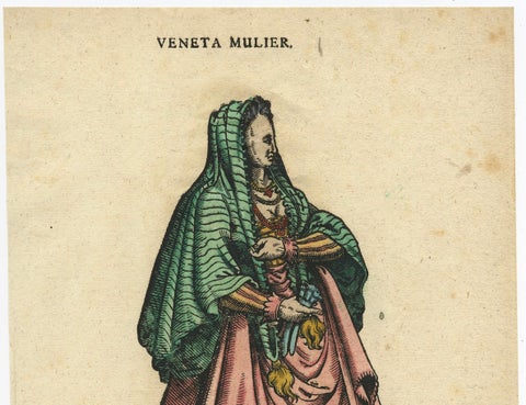 Venetian Woman, Rare Antique Costume Woodcut by Jost Amman, 16th Century, close-up 1