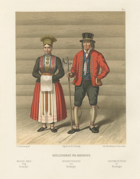 Norwegian Bride and Groom in Hardanger Dress, Antique Print, 1860s, close-up 6