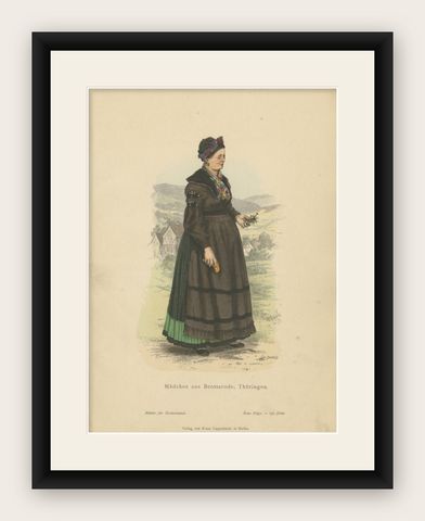 Antique Costume Print of a Girl from Brotterode 'Thuringia' by Lipperheide, 1880, shown framed
