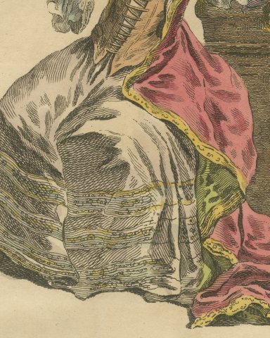 Duchess of Portsmouth in Undress, Seated with Fan, Jefferys Costume Print, 1757, close-up 2