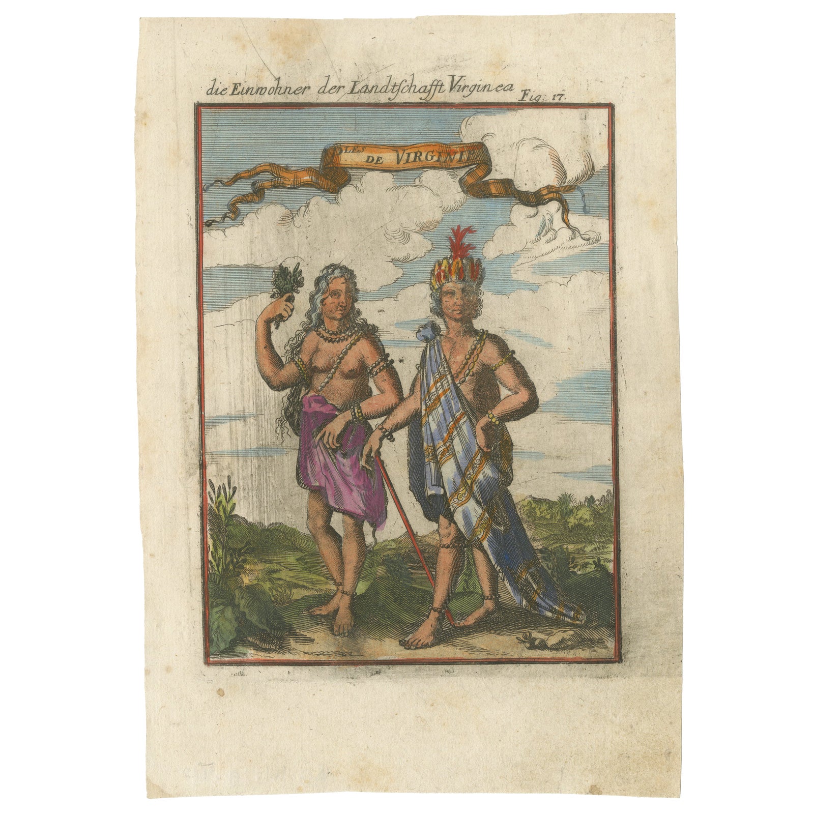 Virginia Indians, Man & Woman in Traditional Dress, Handcolored Engraving, 1683
