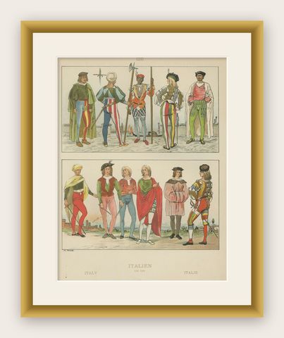 Italy circa 1500, Antique Hand-Colored Renaissance Costume Print, Published 1880, shown framed