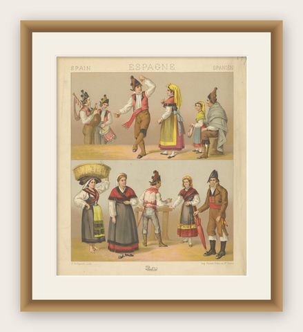 Pl. 177 Antique Print of Spanish Costumes by Racinet, 'circa 1880', shown framed