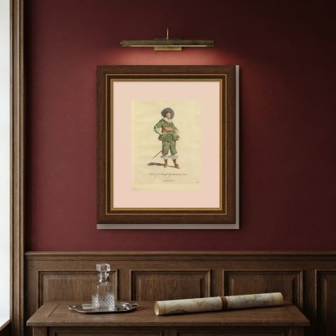 Flemish Gentleman in 1620, Hand Colored Jefferys Costume Plate, 1757, shown framed on a wall
