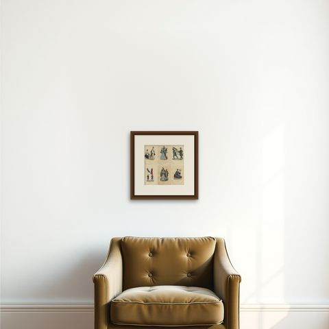 Vibrant Handcolored Depictions of Japanese Costumes from 1844, shown framed on a wall