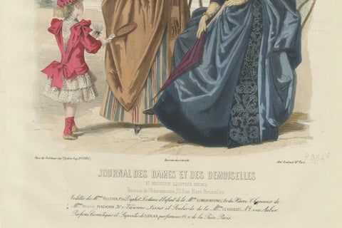 French Fashion Print, Ladies with Parasol & Child Scene, Hand-Colored, c.1887, close-up 3