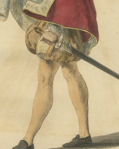 Gentleman of Spain with Crimson Cape and Sword, Jefferys Costume Plate, 1757, close-up 2