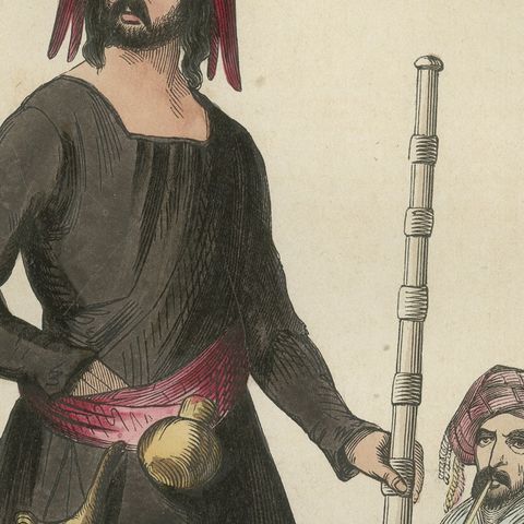 Antique Kurdish Warrior Print, Hand-Colored Ottoman Costume Lithograph, 1852, close-up 5