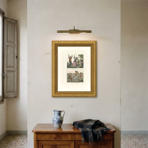 The Fandango Dance and a Spanish Bullfight, Hand Colored Lithograph, 1842, shown framed on a wall