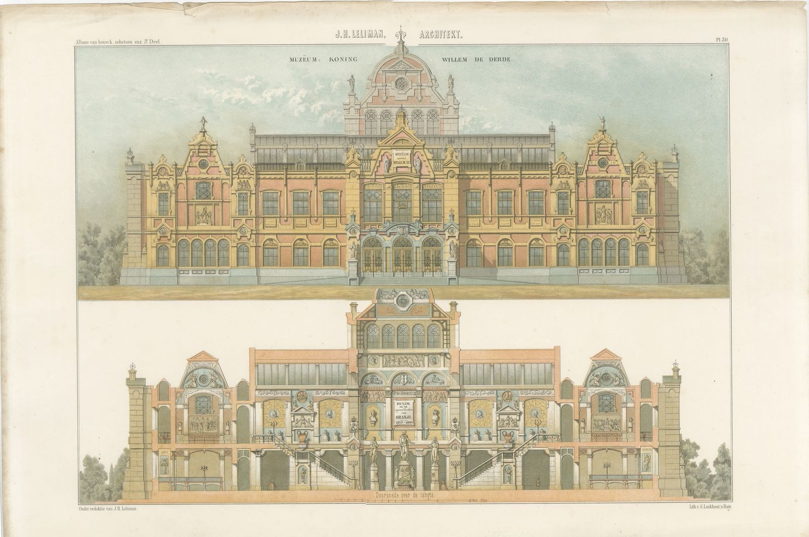 Museum King Willem III, Elevation, Dutch Architecture Print, Leliman, 1865-1866