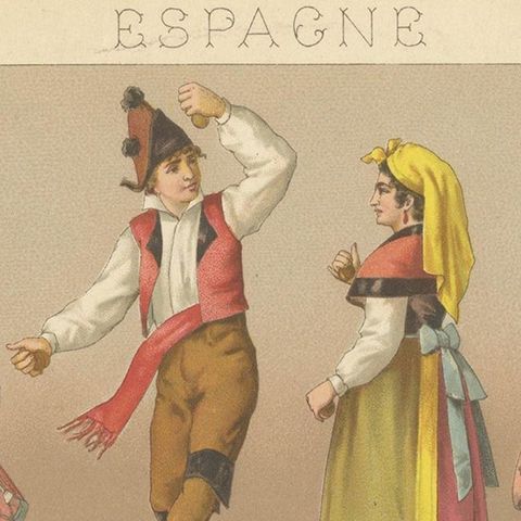 Pl. 177 Antique Print of Spanish Costumes by Racinet, 'circa 1880', close-up 1