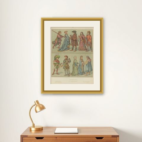 Burgundian Renaissance-Era Costume, 15th Century Antique Print, Published c.1880, shown framed on a wall
