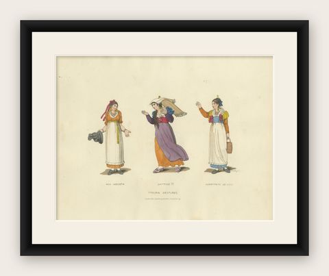 Italian Costume Print: Expressive Gestures of Women, Hand-Colored, 1820s, shown framed