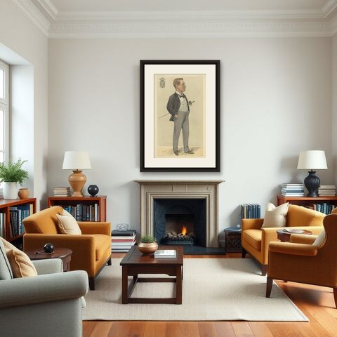 Royal Elegance: Prince Henry of Orleans, Fencing Nobleman, Vanity Fair 1897, shown framed in a room