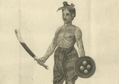Tattooed Burmese Farmer and His Wife, Antique Costume Print, circa 1800, close-up 6