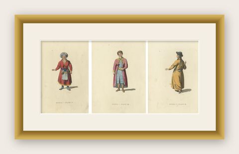 Cultural Tapestry: Traditional Female Attire of 19th Century Russia, 1814, shown framed